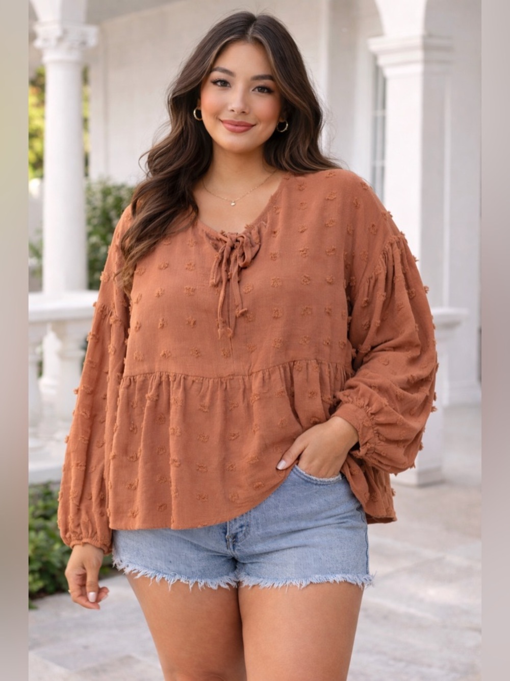 MACARON Rust Tie-Neck Peasant Blouse